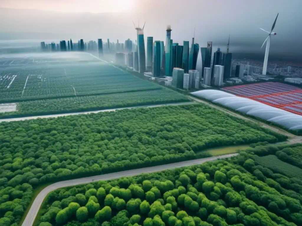 Visión sostenible: ciudad moderna con energía verde Inversiones sostenibles en desarrollo urbano: Ciudad moderna con armonía entre naturaleza y edificios verdes