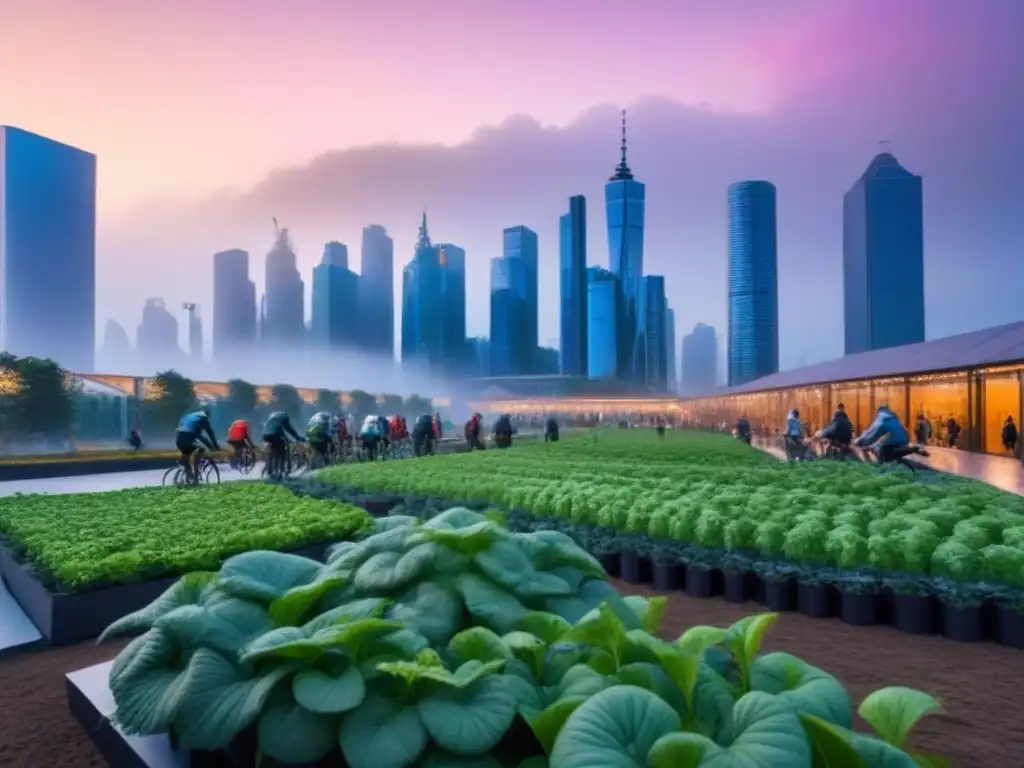 Horizonte sostenible: Ciudad futurista y vibrante en atardecer Inversiones sostenibles en desarrollo urbano: Ciudad moderna y sostenible al anochecer, con edificios innovadores y parque urbano vibrante