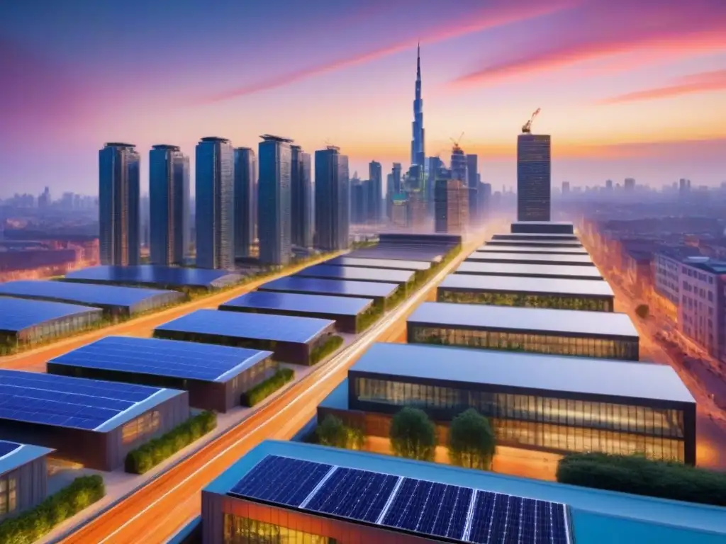 Horizonte urbano sostenible al atardecer Inversiones sostenibles en desarrollo urbano: Skyline moderno y sostenible al atardecer, con paneles solares, áreas verdes y vehículos eléctricos
