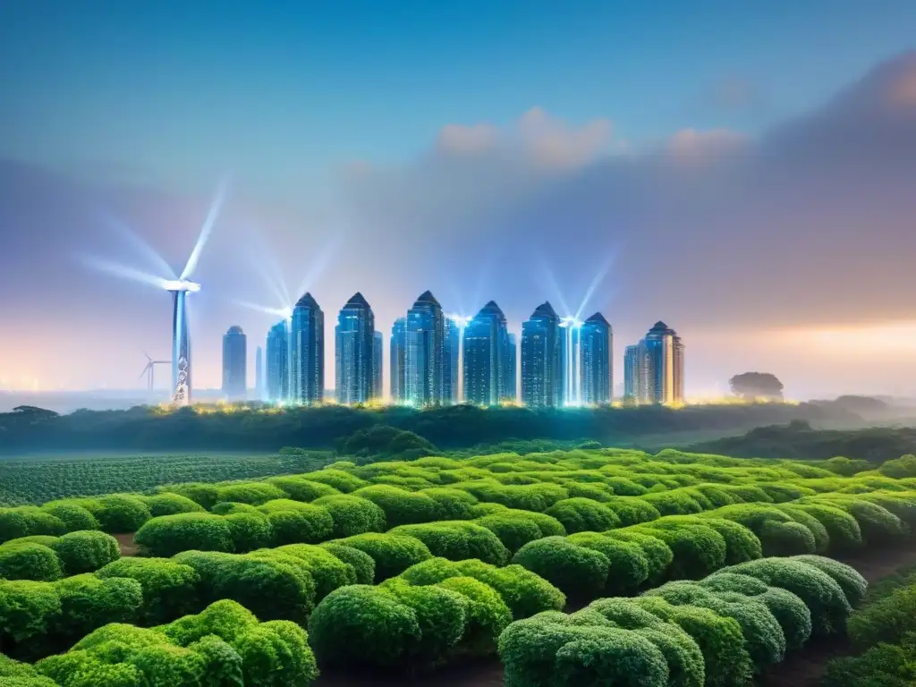 Metrópolis futurista y sostenible con energía verde Inversiones sostenibles mercado inmobiliario internacional: Ciudad futurista con edificios verdes, paneles solares y jardines en azoteas