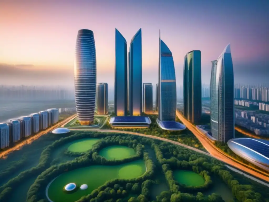 Metrópolis sostenible: arquitectura verde y futurista al atardecer Inversiones sostenibles en el mercado inmobiliario internacional: ciudad futurista con rascacielos ecológicos al atardecer