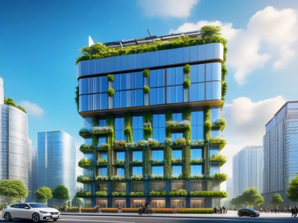 Rascacielos ecofriendly en entorno futurista Inversiones sostenibles mercado inmobiliario internacional: Futurista rascacielos ecológico rodeado de vegetación, paneles solares y turbinas eólicas, en una ciudad sostenible