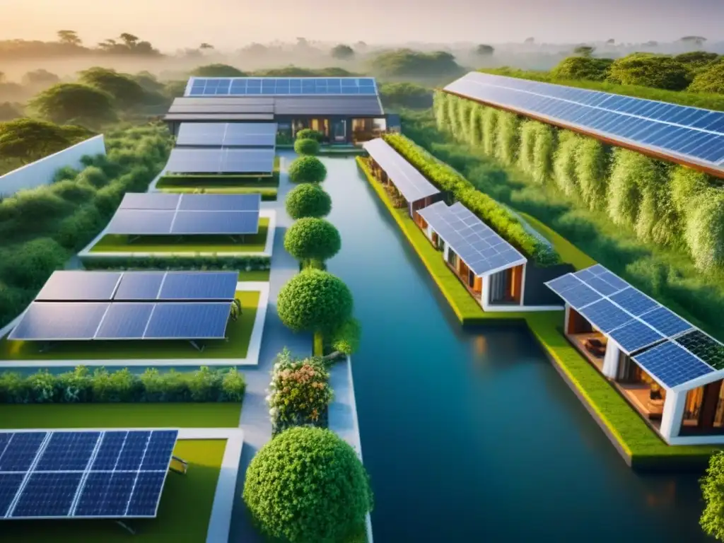 Comunidad ecológica sostenible: armonía entre modernidad y naturaleza Inversiones sostenibles mercado inmobiliario internacional: Comunidad ecológica con paneles solares, áreas verdes y actividades ecoamigables
