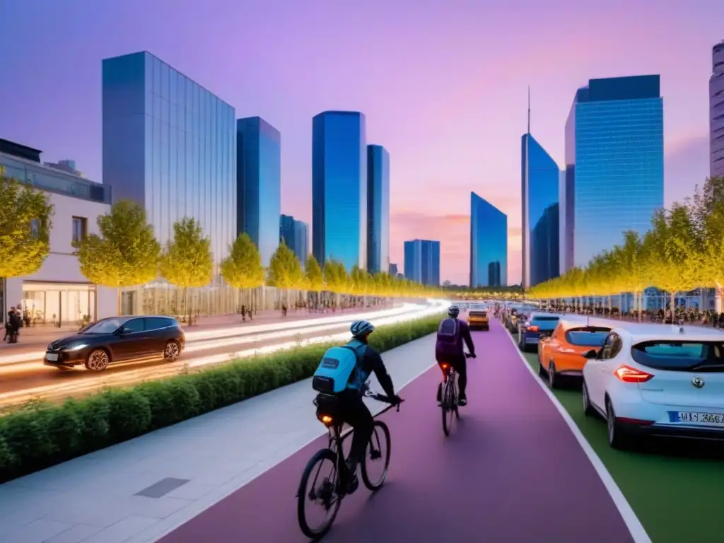 Horizonte urbano sostenible al atardecer: luz, naturaleza y modernidad Inversiones sostenibles en el mercado inmobiliario internacional: ciudad sostenible al atardecer con iluminación eficiente y naturaleza integrada