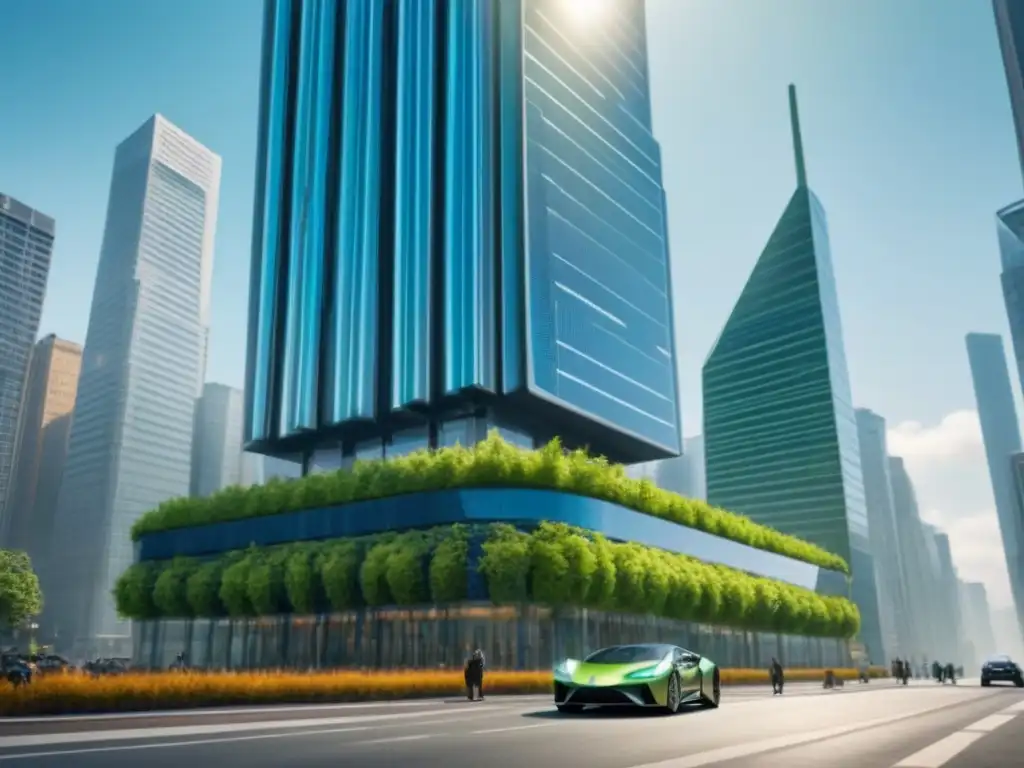 Rascacielos verde futurista en ciudad sostenible Inversiones sostenibles en el mercado inmobiliario de Norteamérica: rascacielos verde futurista con paneles solares y vegetación exuberante