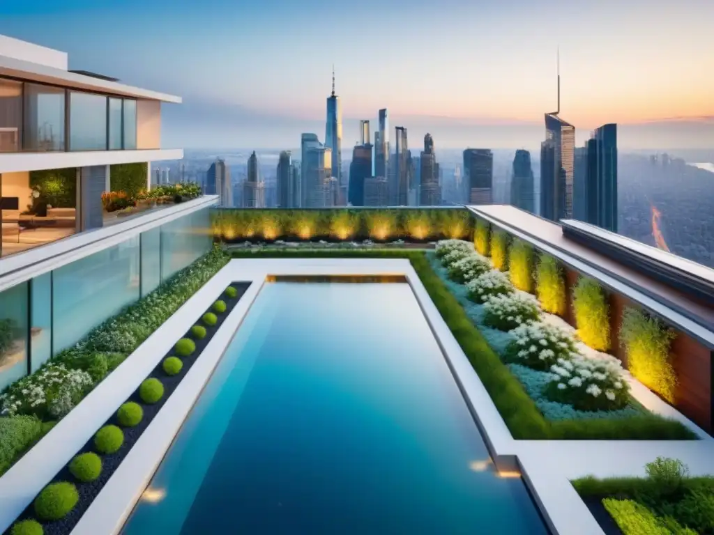 Jardín de lujo en azotea: oasis verde y moderno Inversiones sostenibles en el mercado inmobiliario: Exuberante jardín en la azotea de un rascacielos moderno