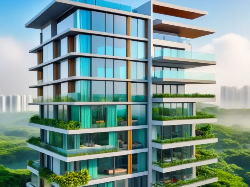 Edificio de lujo sustentable rodeado de vegetación exuberante Inversiones sostenibles en el mercado inmobiliario: Edificio moderno rodeado de vegetación, paneles solares en el techo, diseño lujoso y sostenible