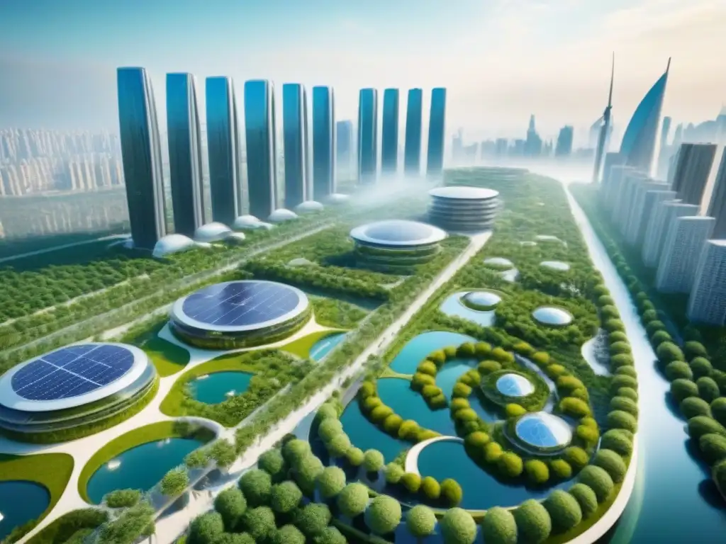Metrópolis futurista: arquitectura sostenible y naturaleza integrada Inversiones sostenibles en el mercado inmobiliario internacional: una ciudad futurista con rascacielos verdes, paneles solares y turbinas eólicas