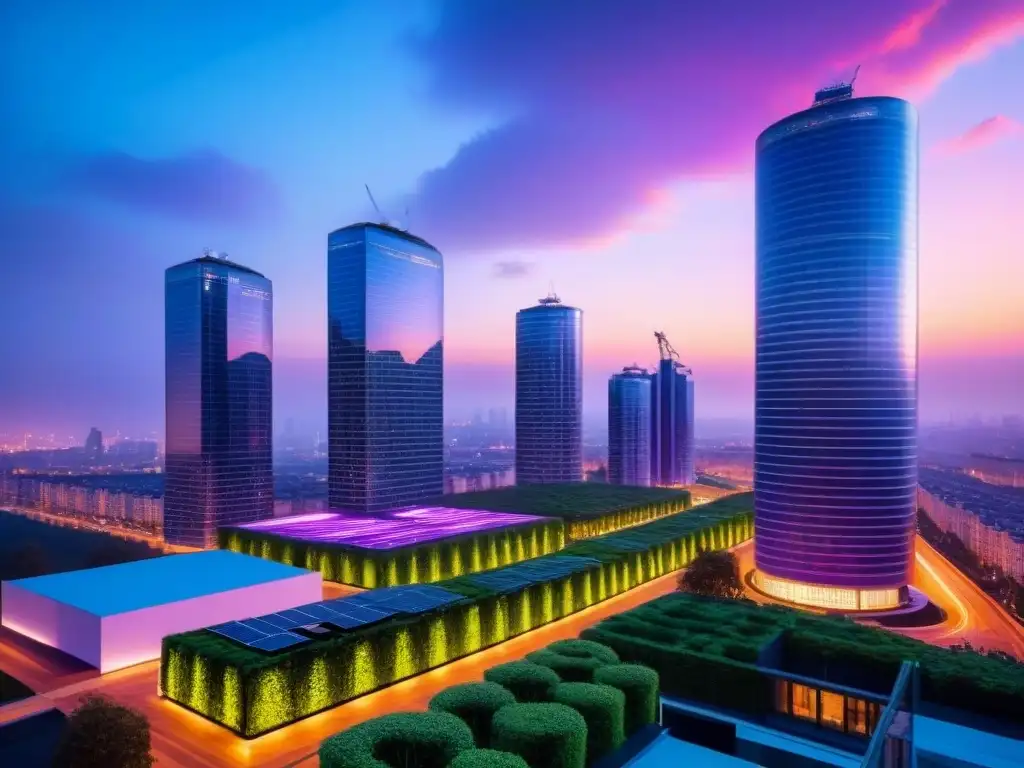 Metrópolis eco-friendly: diseño urbano sostenible al atardecer Inversiones sostenibles en el mercado inmobiliario: Ciudad futurista con rascacielos ecológicos iluminados y vehículos eléctricos