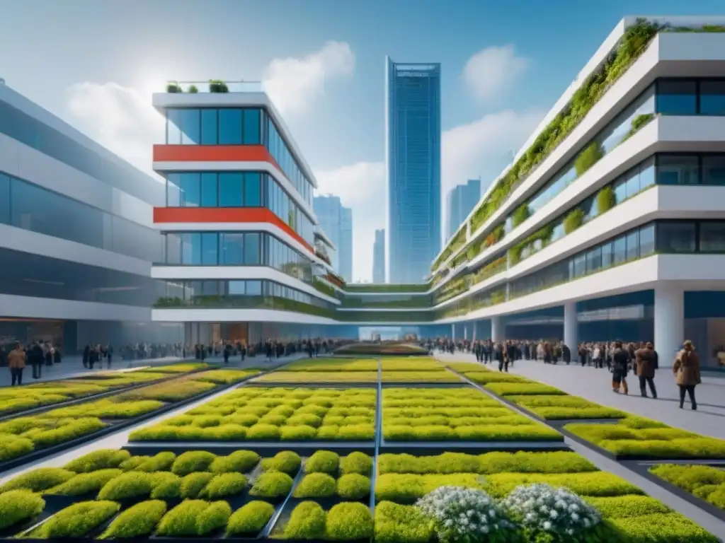 Complejo sostenible futurista: 8k detalle de inversión inmobiliaria mundial Inversiones sostenibles en mercado inmobiliario internacional: Complejo futurista y sostenible rodeado de vibrante mercado inmobiliario global