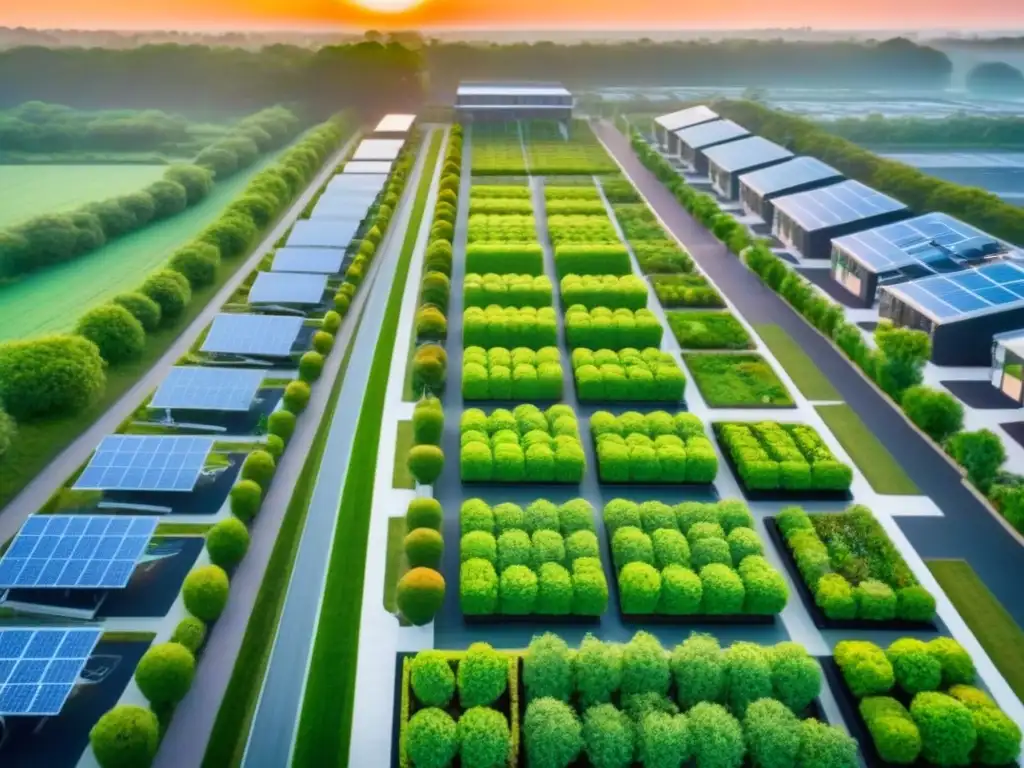 Desarrollo urbano sostenible: armonía moderna y natural Inversiones sostenibles en el mercado inmobiliario: paisaje urbano ecoamigable con techos verdes, paneles solares y arquitectura moderna al atardecer
