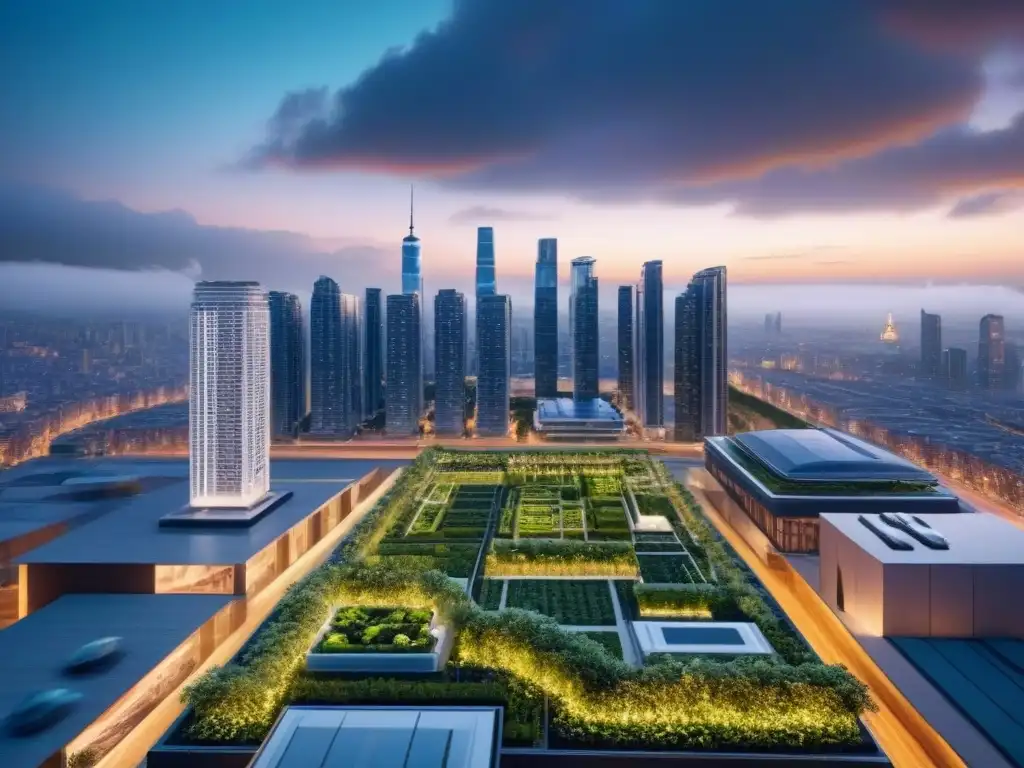 Metrópolis futurista: rascacielos sostenibles al anochecer Inversiones sostenibles mercado inmobiliario: Ciudad futurista con rascacielos verdes y autos eléctricos en calles arboladas al atardecer