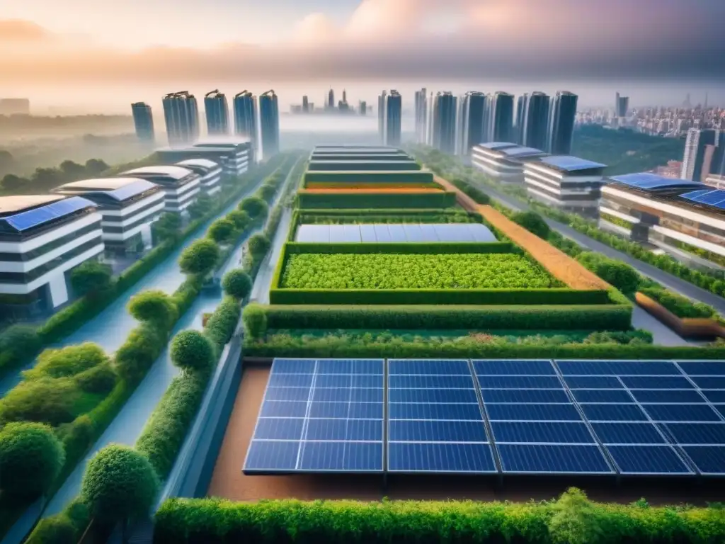 Metrópolis sostenible: arquitectura verde en pleno auge Inversiones sostenibles en el mercado inmobiliario internacional: ciudad moderna con edificios verdes, jardines en azoteas y paneles solares