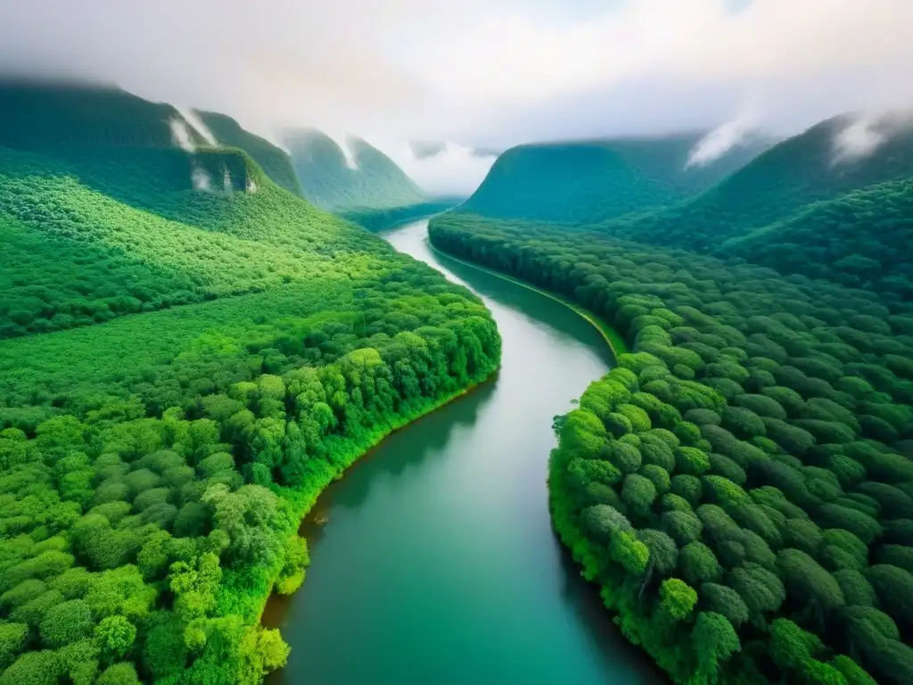 Bosque verde exuberante: inversión sostenible en la naturaleza Inversiones sostenibles en terrenos internacionales: Vista aérea de un bosque verde con río, animales y luz filtrándose