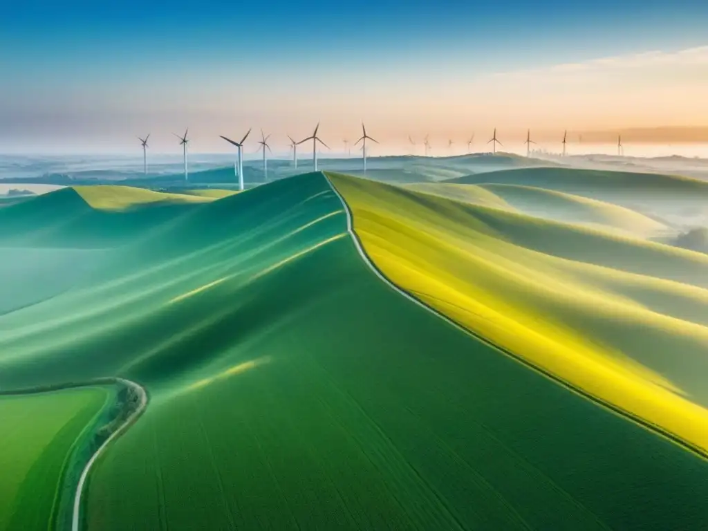 Idílica combinación: energía renovable en paisaje verde Inversiones sostenibles en terrenos internacionales: Paisaje verde con molinos y paneles solares bajo un cielo azul al atardecer