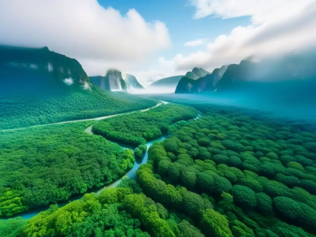 Inversión sostenible: Bosques verdes y río serpenteante Inversiones sostenibles en terrenos internacionales: Vista aérea de bosques verdes y río serpenteante bajo cielo azul