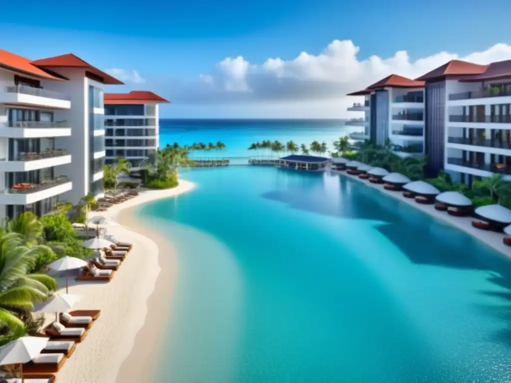 Resort de lujo frente al mar en paraíso exótico Inversiones en tiempo compartido en destinos exóticos: Lujoso resort frente a la playa con arquitectura moderna y exuberante vegetación tropical