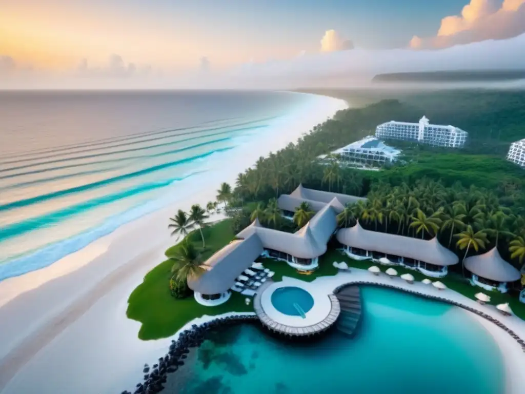 Resort de lujo con villas en infinity pool frente al mar Inversiones en tiempo compartido internacional: Atardecer dorado en complejo de lujo frente al mar con villas y piscinas infinitas