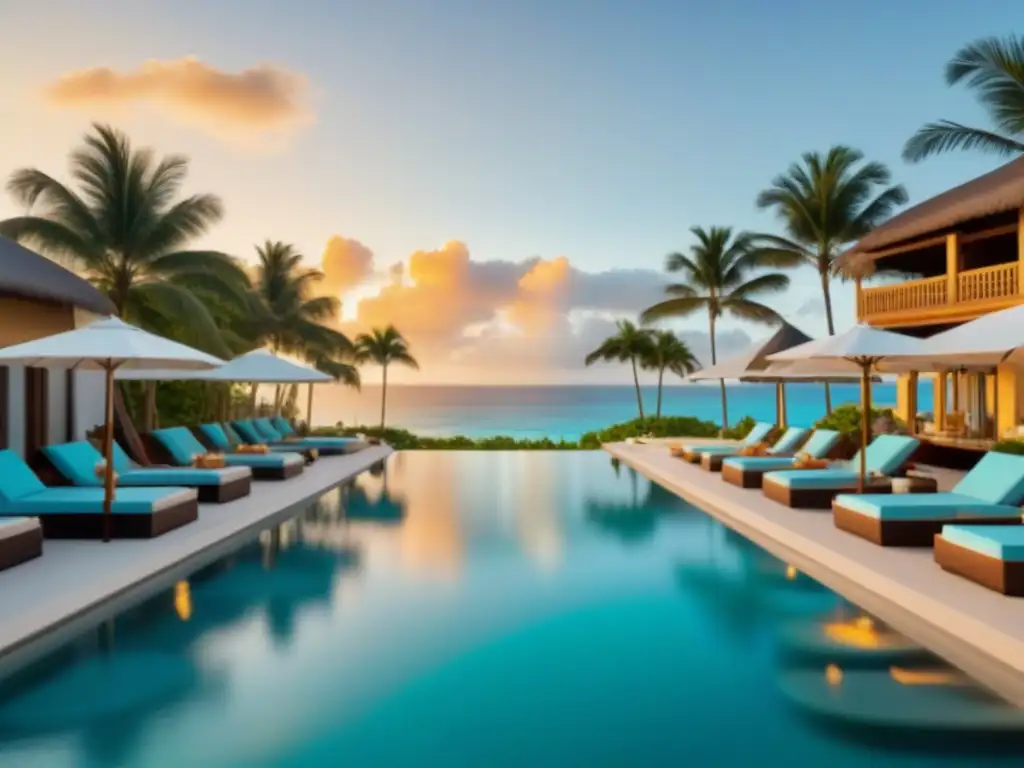 Resort de lujo en la playa: paraíso tropical 8k Inversiones en tiempo compartido internacional: lujoso resort en la playa tropical al atardecer