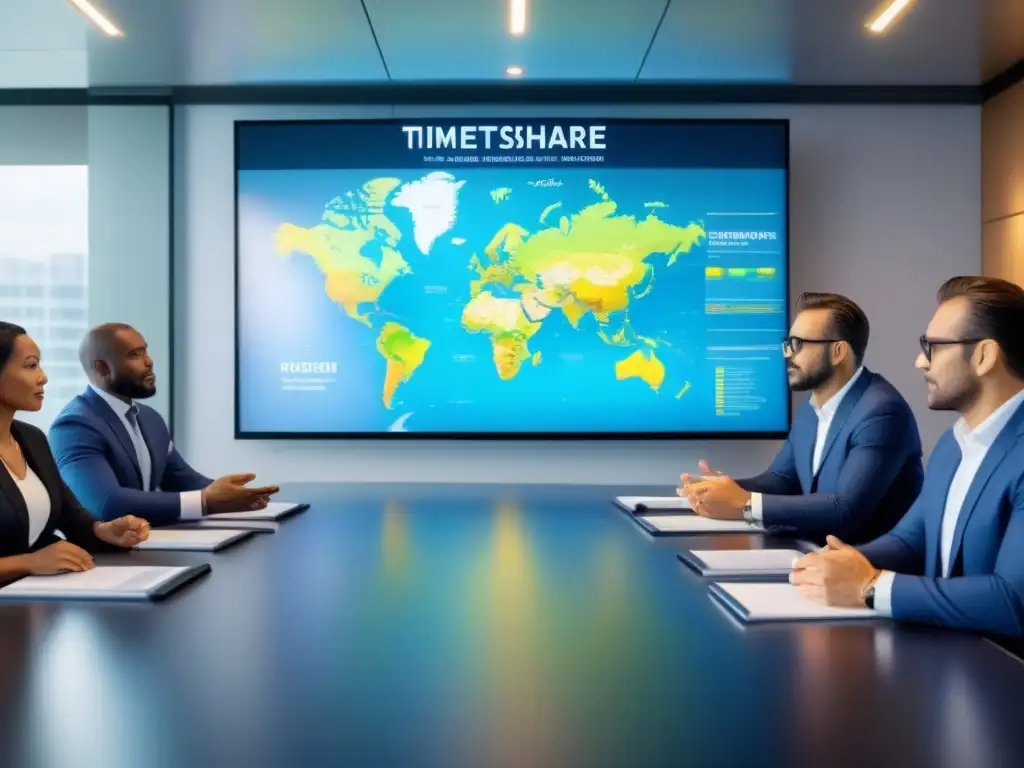 Inversores internacionales analizan riesgos políticos en timeshares Inversiones en tiempo compartido internacional: Diversos inversores analizan gráficos en una sala moderna, global y profesional