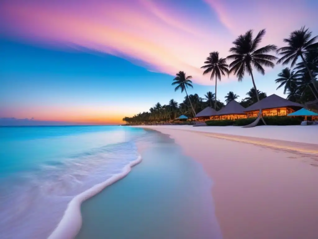 Paraíso tropical: playa serena al atardecer con aguas turquesas y palmeras Inversiones en tiempo compartido internacionales: Playa tropical al atardecer con aguas turquesa y palmeras silueteadas en el horizonte