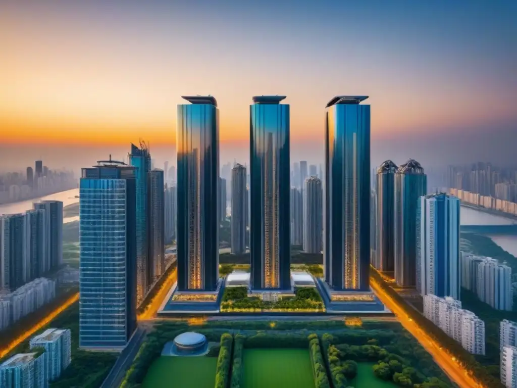 Metrópolis de lujo: skyline futurista en 8k Inversiones en torres residenciales de lujo: Una metrópolis futurista con rascacielos de vidrio y acero brillante