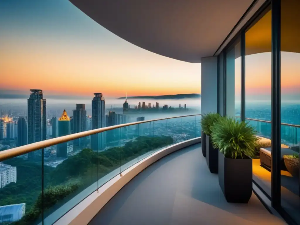 Torre residencial de lujo con diseño único y vistas panorámicas Inversiones en torres residenciales de lujo: Majestuosa torre residencial con diseño vanguardista y exuberante vegetación en balcones, iluminada por el cálido atardecer urbano