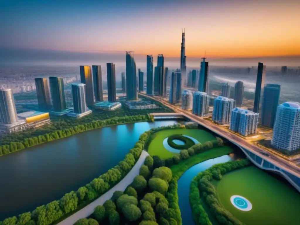Torres de lujo en ciudad futurista al atardecer Inversiones en torres residenciales de lujo: Majestuosas torres de cristal en una ciudad urbana lujosa al atardecer