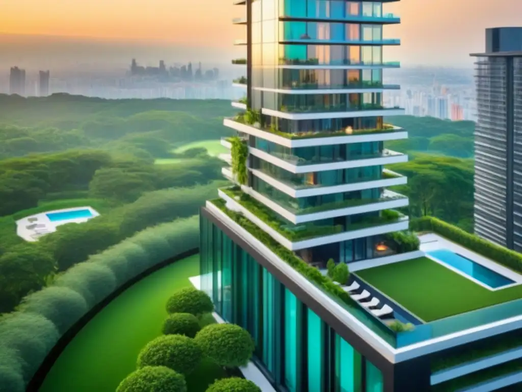 Torre residencial de lujo: vista aérea 8k Inversiones en torres residenciales de lujo: Vista aérea de una moderna y lujosa torre residencial en un entorno urbano exclusivo