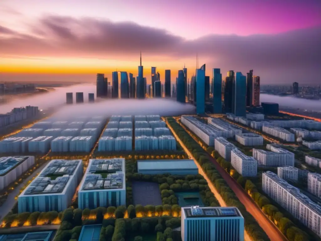 Metrópolis futurista: lujo y modernidad en un atardecer dorado Inversiones en torres residenciales de lujo en una ciudad futurista al atardecer, con modernos edificios y vida urbana vibrante