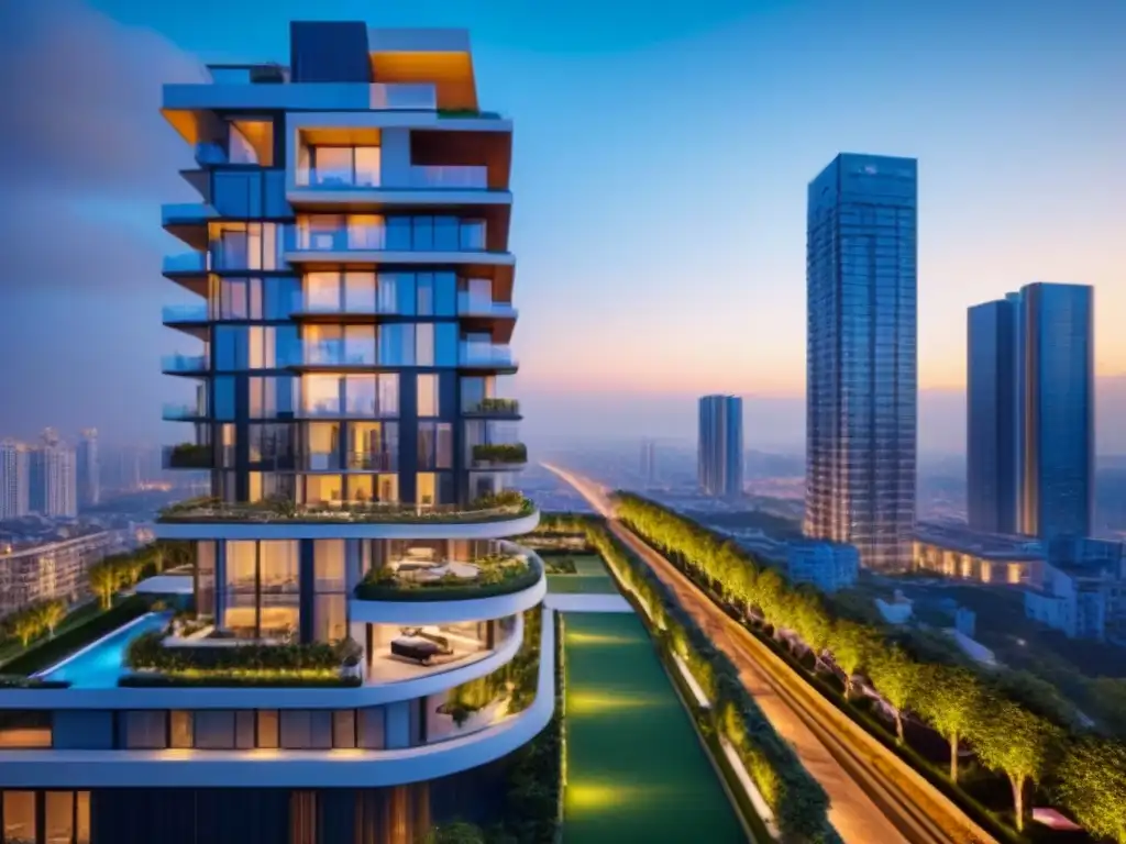 Torre residencial de lujo en paisaje urbano vibrante Inversiones en torres residenciales de lujo: Vista aérea de una torre residencial lujosa en un paisaje urbano vibrante