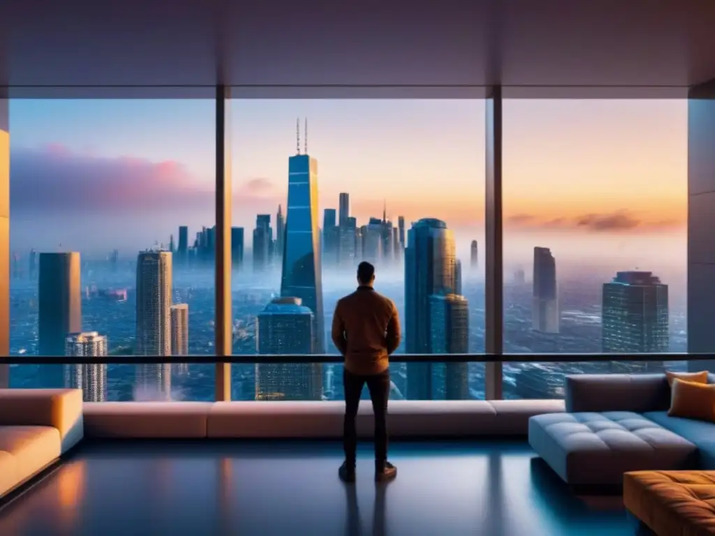 Metrópolis futurista: torres de lujo en atardecer vibrante Inversiones en torres residenciales de lujo en una ciudad futurista con rascacielos elegantes y modernos