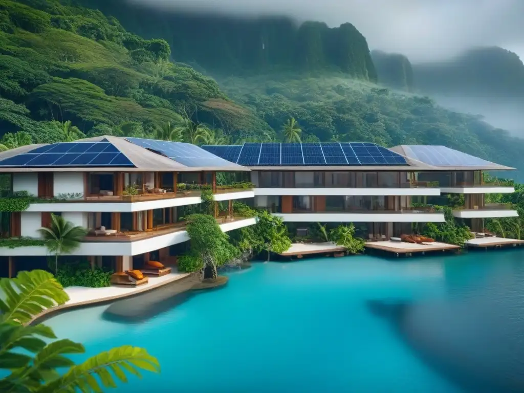 Resort ecofriendly de lujo en selva: 8k imagen Inversiones turísticas ecológicas internacionales: Resort ecofriendly de lujo en la selva con paneles solares y piscina infinita