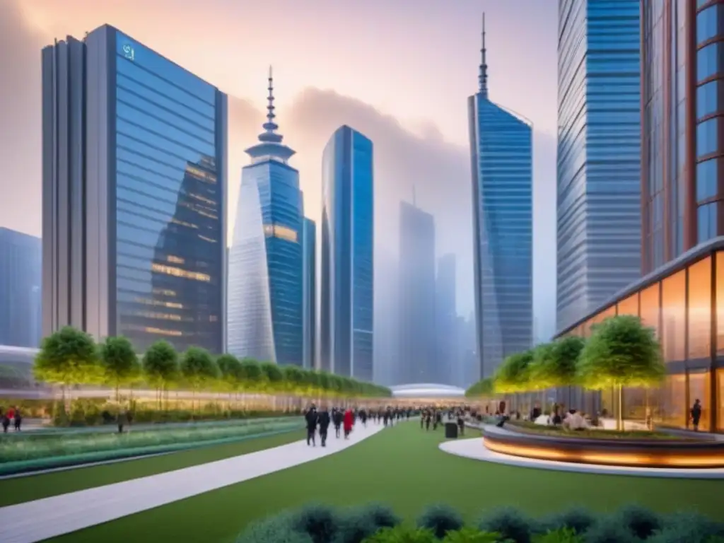 Horizonte urbano futurista en atardecer con diseño eco-sostenible Inversiones regeneración urbana mercado internacional: Ciudad futurista sostenible con rascacielos iluminados y parque verde