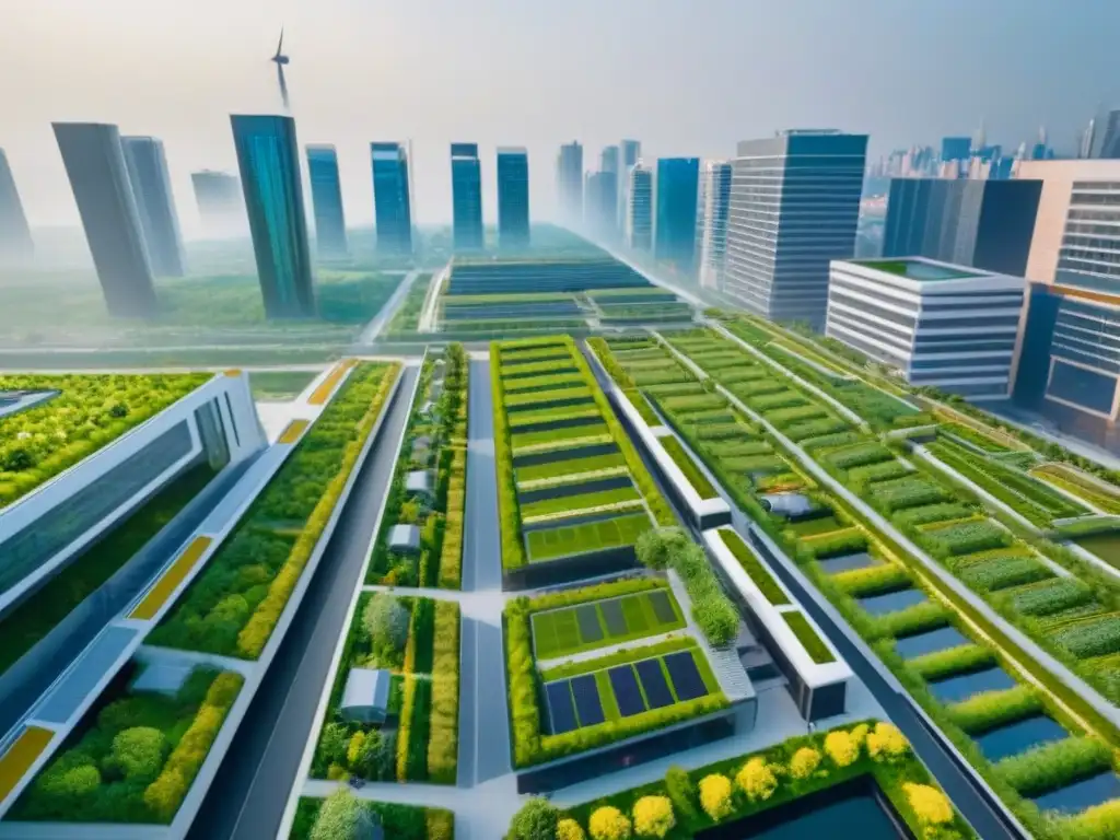 Desarrollo urbano sostenible: vista aérea detallada Inversiones en urbanismo verde internacionales: Vista aérea detallada de desarrollo urbano sostenible con jardines en azoteas, paneles solares, turbinas eólicas y espacios verdes integrados en la ciudad