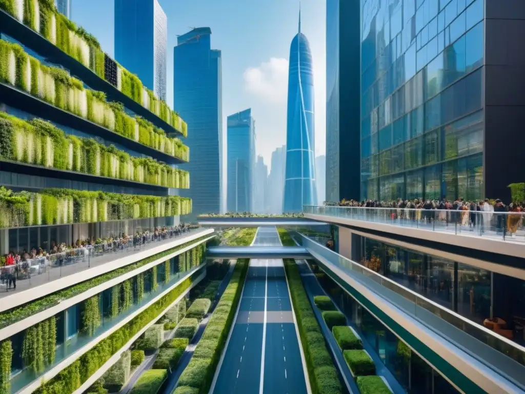 Metrópolis verde del futuro: rascacielos eco y transporte sostenible Inversiones en urbanismo verde internacionales: Ciudad futurista con rascacielos verdes, transporte eco y arquitectura sostenible
