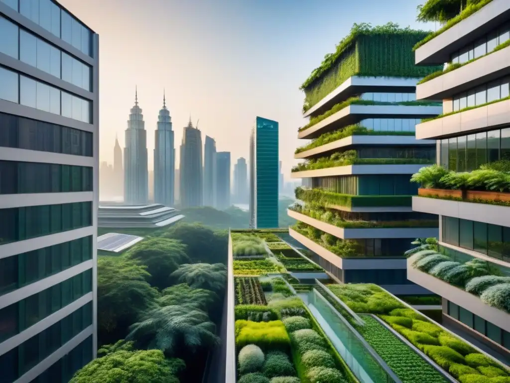 Metrópolis verde del futuro: harmonía entre naturaleza y tecnología Inversiones en urbanismo verde internacionales: Ciudad futurista con rascacielos verdes integrados con exuberante vegetación