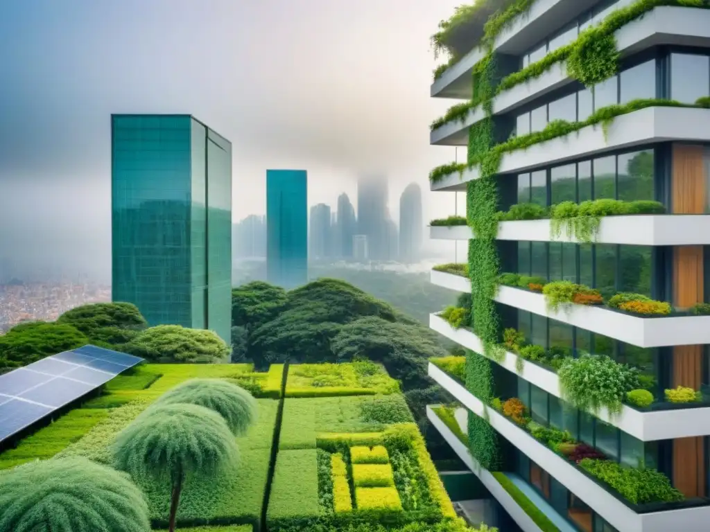 Edificio de lujo sustentable con vegetación exuberante y paneles solares Inversiones verdes mercado inmobiliario internacional: Edificio de lujo con vegetación, paneles solares y ciudad al fondo