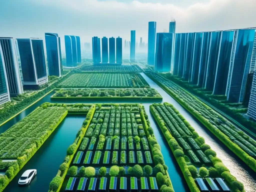 Metrópolis futurista ecoamigable con rascacielos verdes y paneles solares Inversiones verdes mercado inmobiliario internacional: Ciudad futurista con rascacielos ecológicos, paneles solares y jardines verticales, rodeada de calles con autos eléctricos y ciclistas