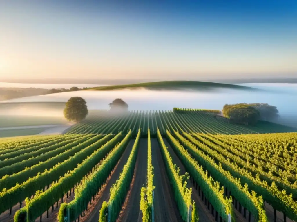 Viñedos exuberantes y bodega elegante: inversión internacional en vinos Inversiones en viñedos internacionales rentables: Vista aérea impresionante de viñedos verdes bajo cielo azul