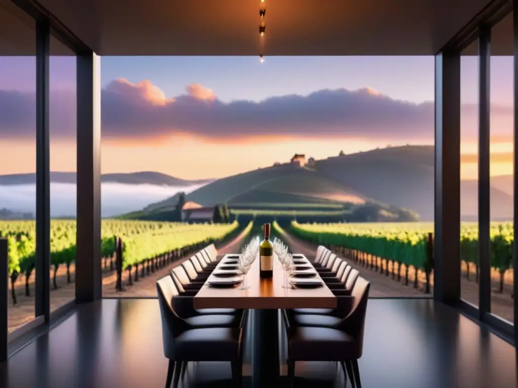 Viñedo de ensueño al atardecer con sala de degustación moderna Inversiones en viñedos internacionales rentables: Atardecer en viñedo pintoresco con sala de degustación moderna