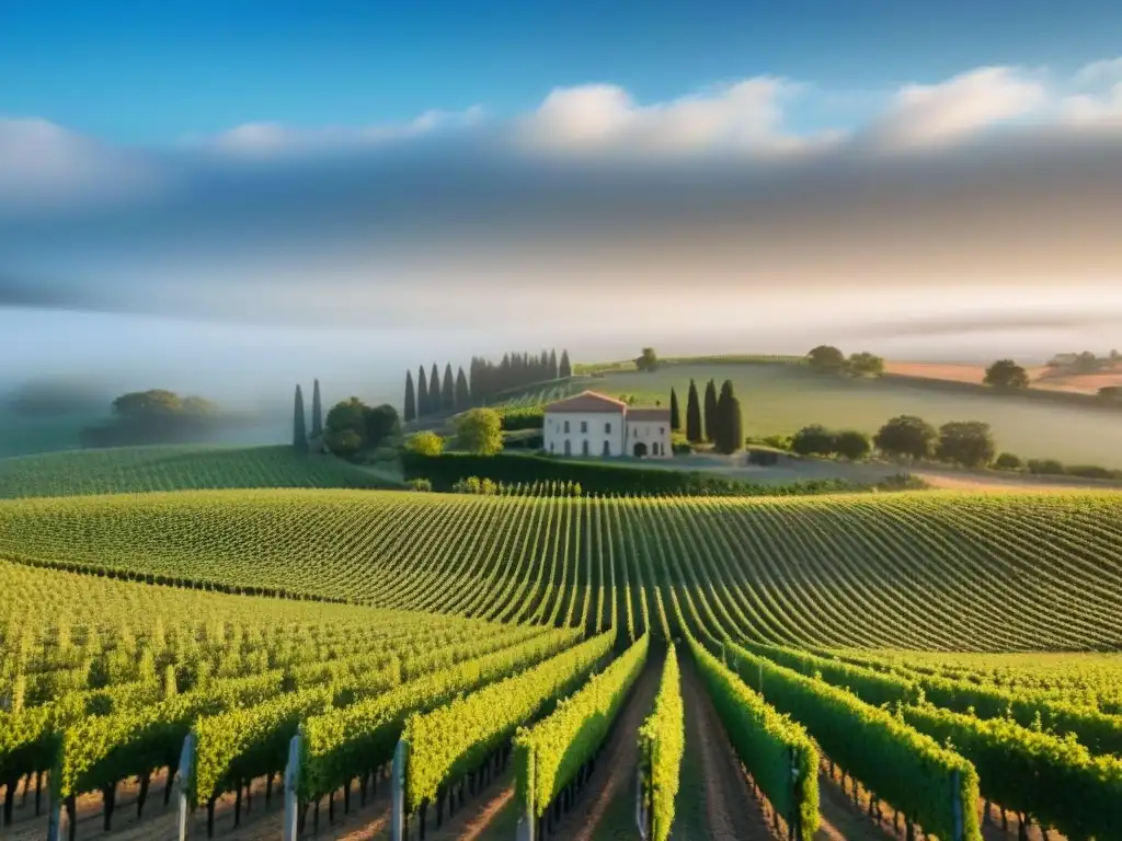 Viñedo exuberante: armonía natural y arquitectura moderna Inversiones en viñedos internacionales rentables: Vista aérea impresionante de viñedo verde y frondoso bajo cielo azul