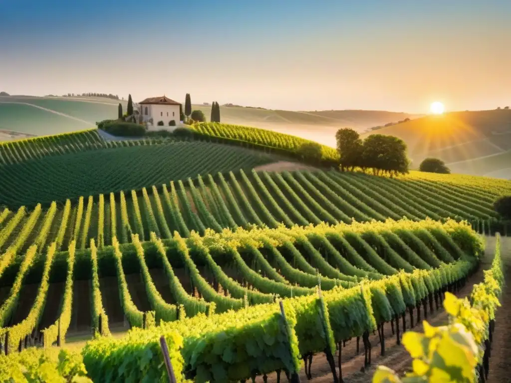 Viñedos dorados: degustación de vinos en escenario de ensueño Inversiones en viñedos internacionales rentables: Viñedos exuberantes al atardecer, con una bodega rústica y degustación de vinos