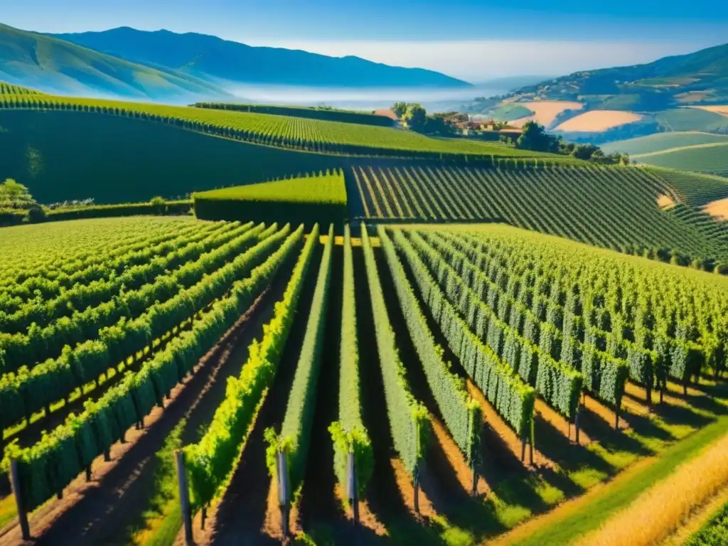 Viñedos infinitos: belleza y promesa en el horizonte Inversiones en viñedos internacionales rentables: Viñedos exuberantes bajo cielo azul, formando un patrón geométrico hipnotizante
