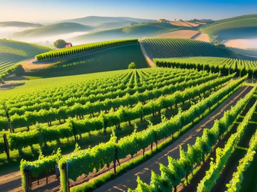 Viñedo de ensueño al amanecer: inversión rentable en el extranjero Inversiones en viñedos internacionales rentables: Viñedo pintoresco al amanecer con moderna bodega de piedra