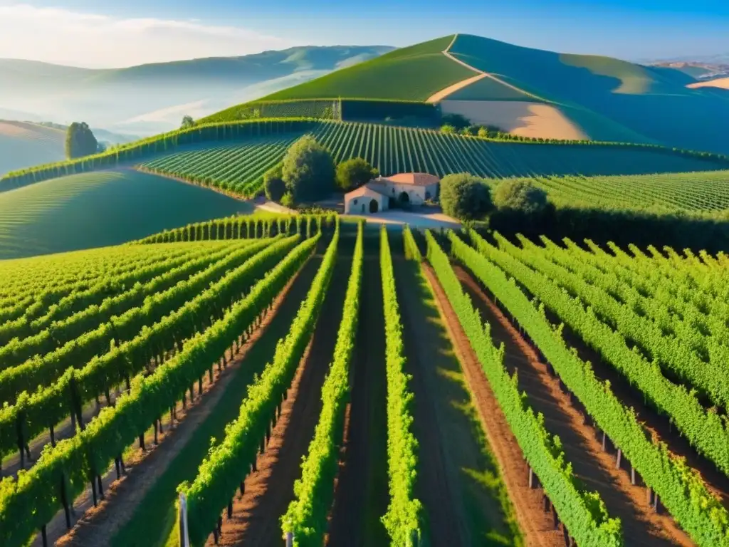 Viñedo de lujo entre colinas: inversión en vinos de clase mundial Inversiones en viñedos internacionales: Viñedo exuberante entre colinas, bodega moderna al fondo