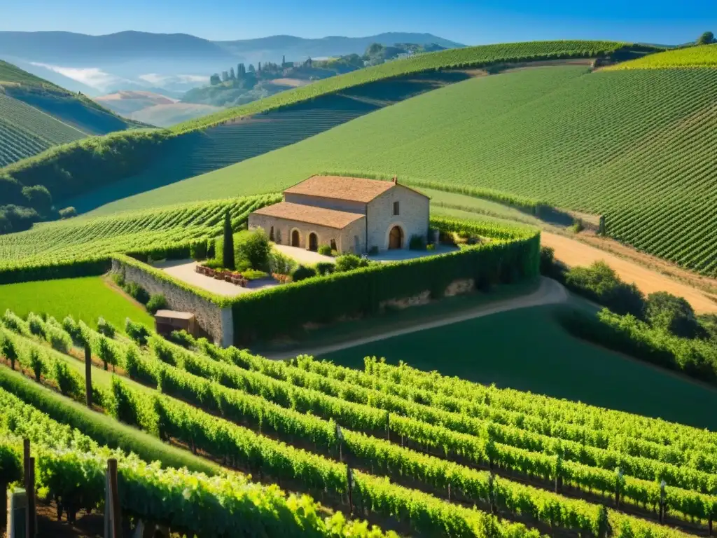 Viñedos exquisitos y bodega moderna en región vinícola Inversiones en viñedos internacionales: Viñedos exuberantes en colinas, bodega moderna y trabajadores cuidando las uvas