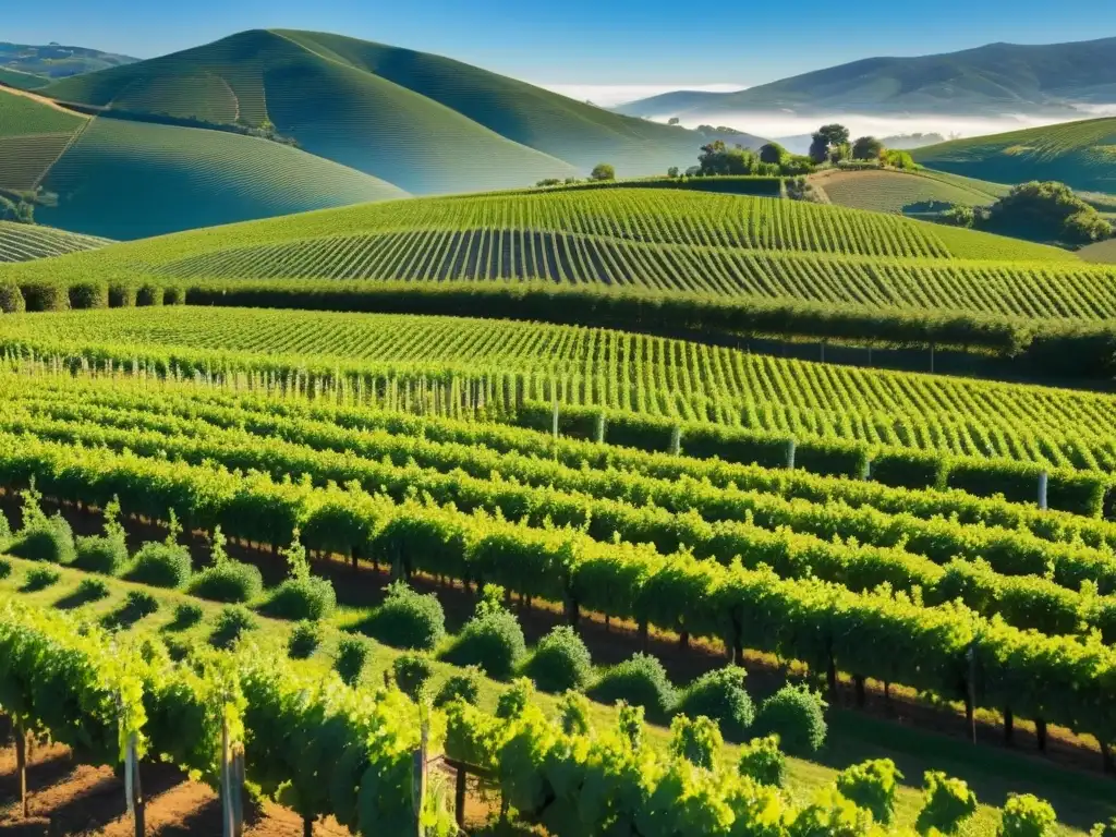 Viñedos verdes en colinas: inversión en vinos Inversiones en viñedos internacionales: Vista aérea impresionante de viñedos verdes en colinas bajo cielo azul