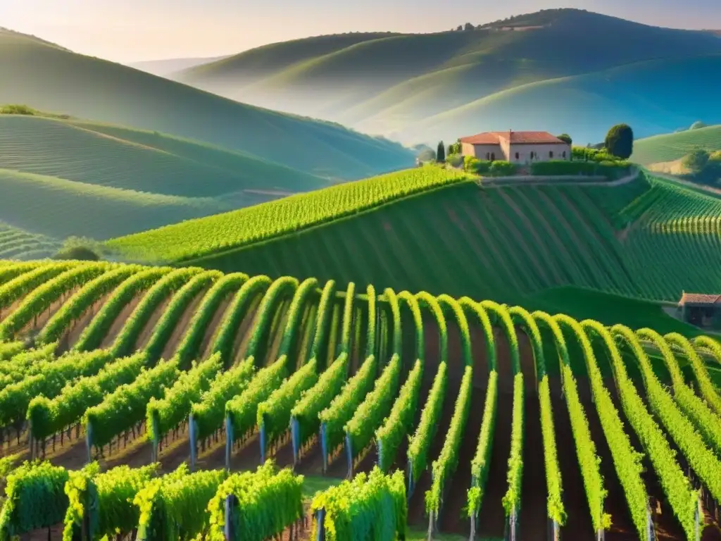 Viñedos verdes y vibrantes bajo el sol dorado: belleza agrícola en altura Inversiones en viñedos internacionales: Vista aérea impresionante de viñedos verdes bajo el sol dorado en colinas