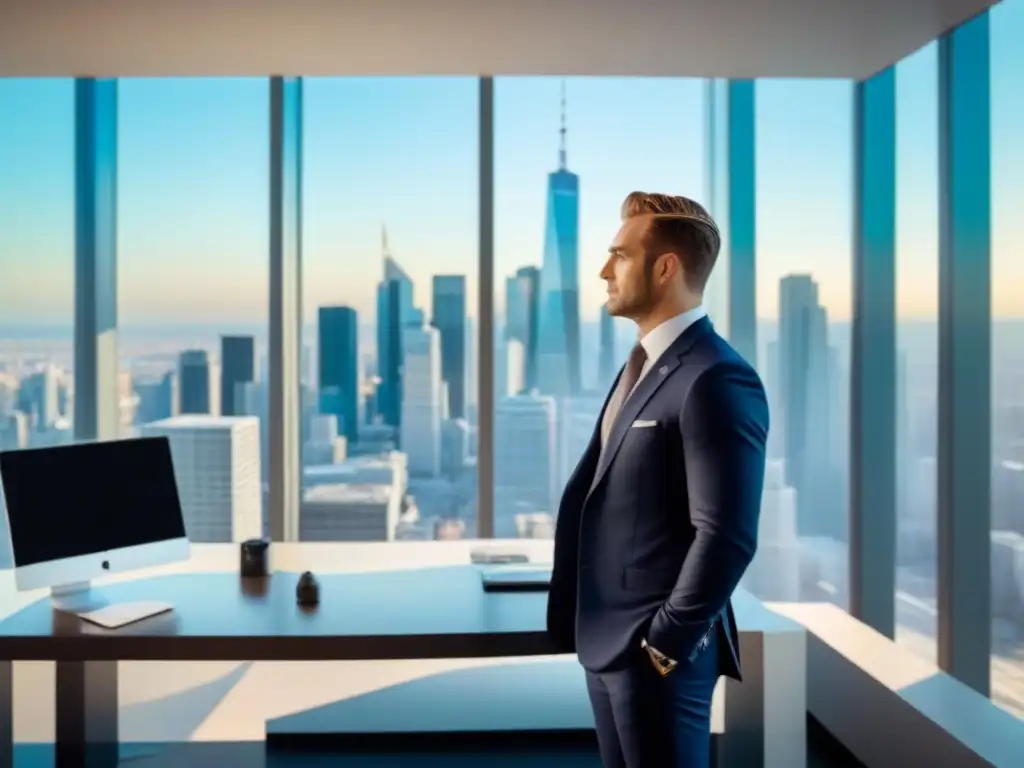 Inversor exitoso en moderna oficina de lujo con vistas a la ciudad Inversionista blindado ante fraudes inmobiliarios en lujosa oficina moderna con vista a la ciudad